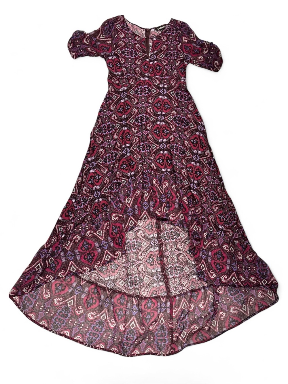 Express Paisley Print High Low Cutout Maxi Dress Flutter Sleeve Boho SZ. Small